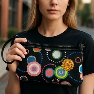 Ladies Wristlet Bag Black Multicolored Circles NWT